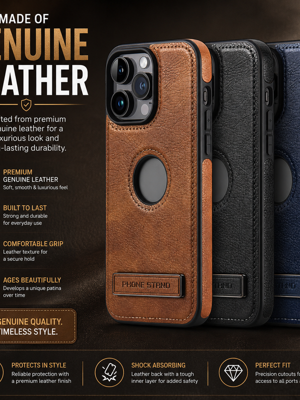 Premium Leather Finish Phone Case with Magnetic Ring & Kick Stand For iPhone 18 Series