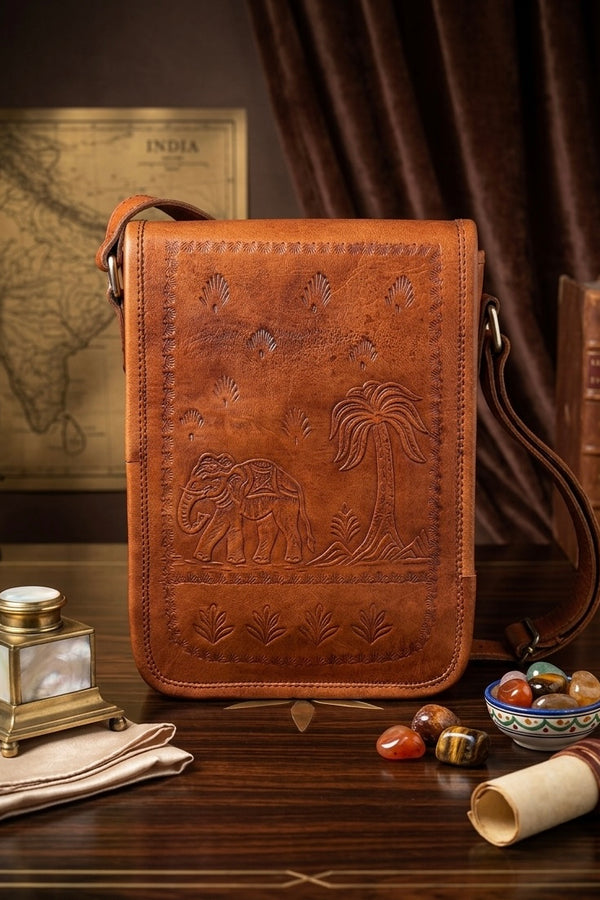 Herritage Camel Leather Sling Bag Handcrafted Jaisalmer Art (7” x 9”)