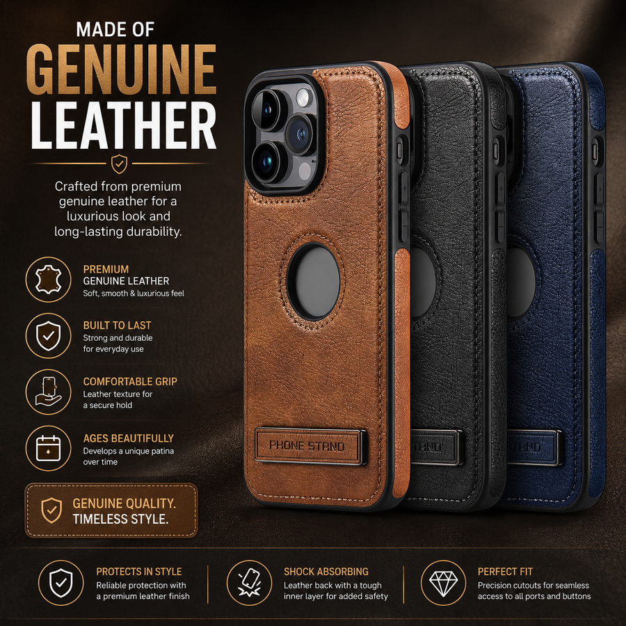 Premium Leather Finish Phone Case with Magnetic Ring & Kick Stand For iPhone 18 Series