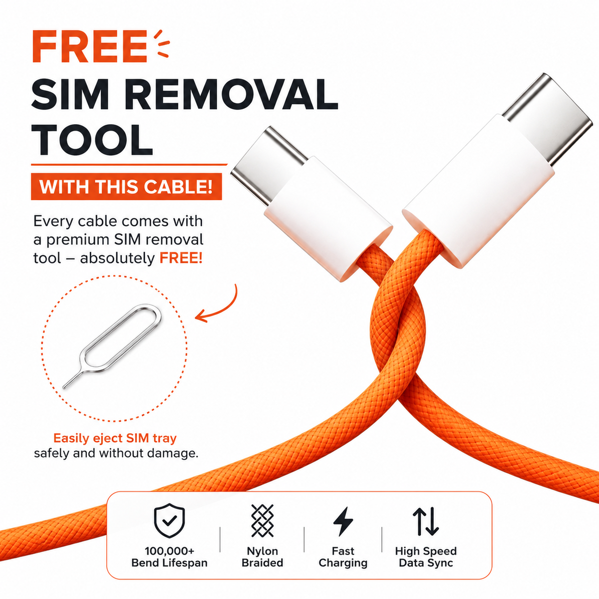 60W Fast Charging Cable Type C To C With Sim Removal Tool