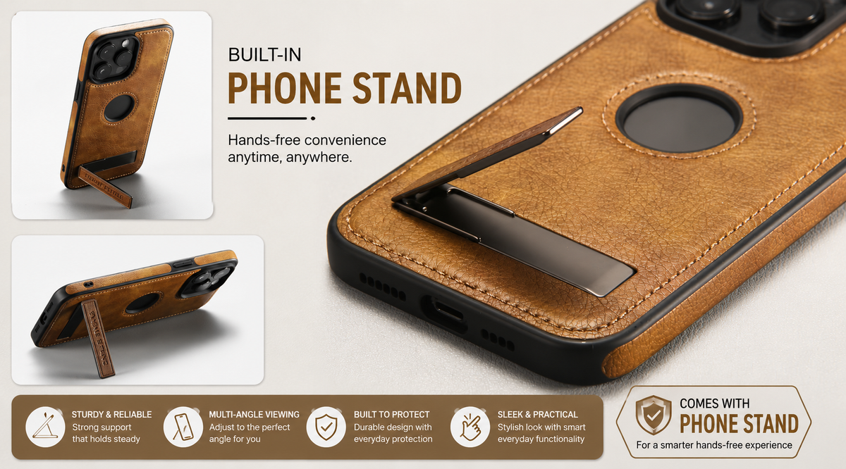 Premium Leather Finish Phone Case with Magnetic Ring & Kick Stand For iPhone 18 Series