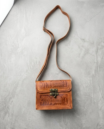 Vintage Camel Leather Sling Bag Handcrafted Jaisalmer Art (5” x 7”)