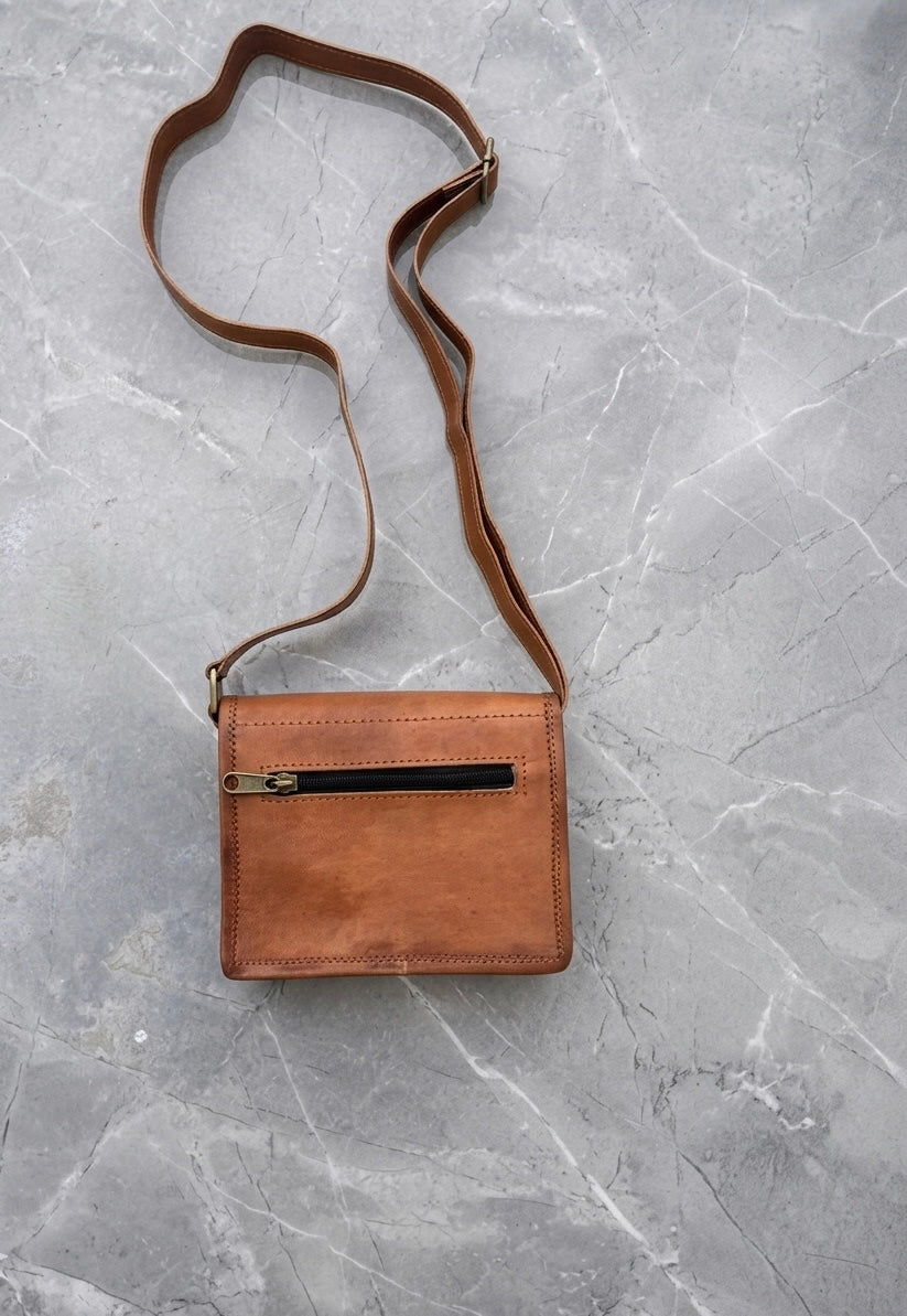 Vintage Camel Leather Sling Bag Handcrafted Jaisalmer Art (5” x 7”)