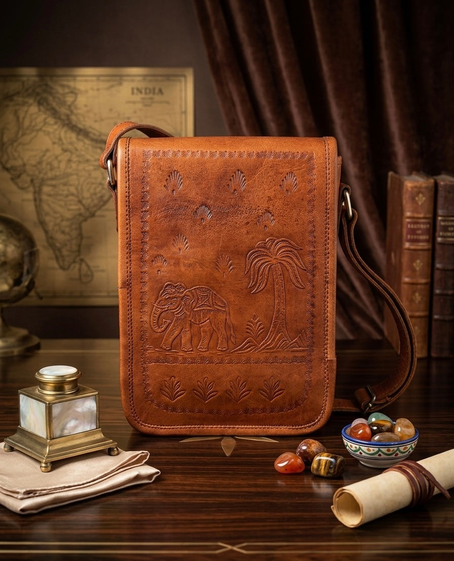 Herritage Camel Leather Sling Bag Handcrafted Jaisalmer Art (7” x 9”)