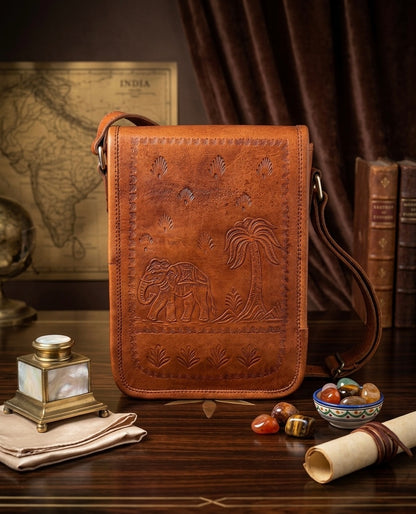 Herritage Camel Leather Sling Bag Handcrafted Jaisalmer Art (7” x 9”)