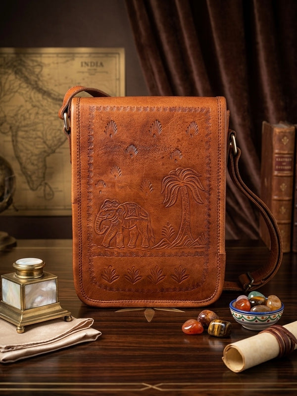 Herritage Camel Leather Sling Bag Handcrafted Jaisalmer Art (7” x 9”)