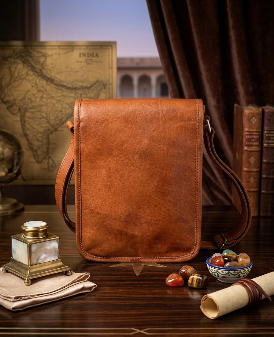 Herritage Camel Leather Sling Bag Handcrafted Jaisalmer Art (7” x 9”)