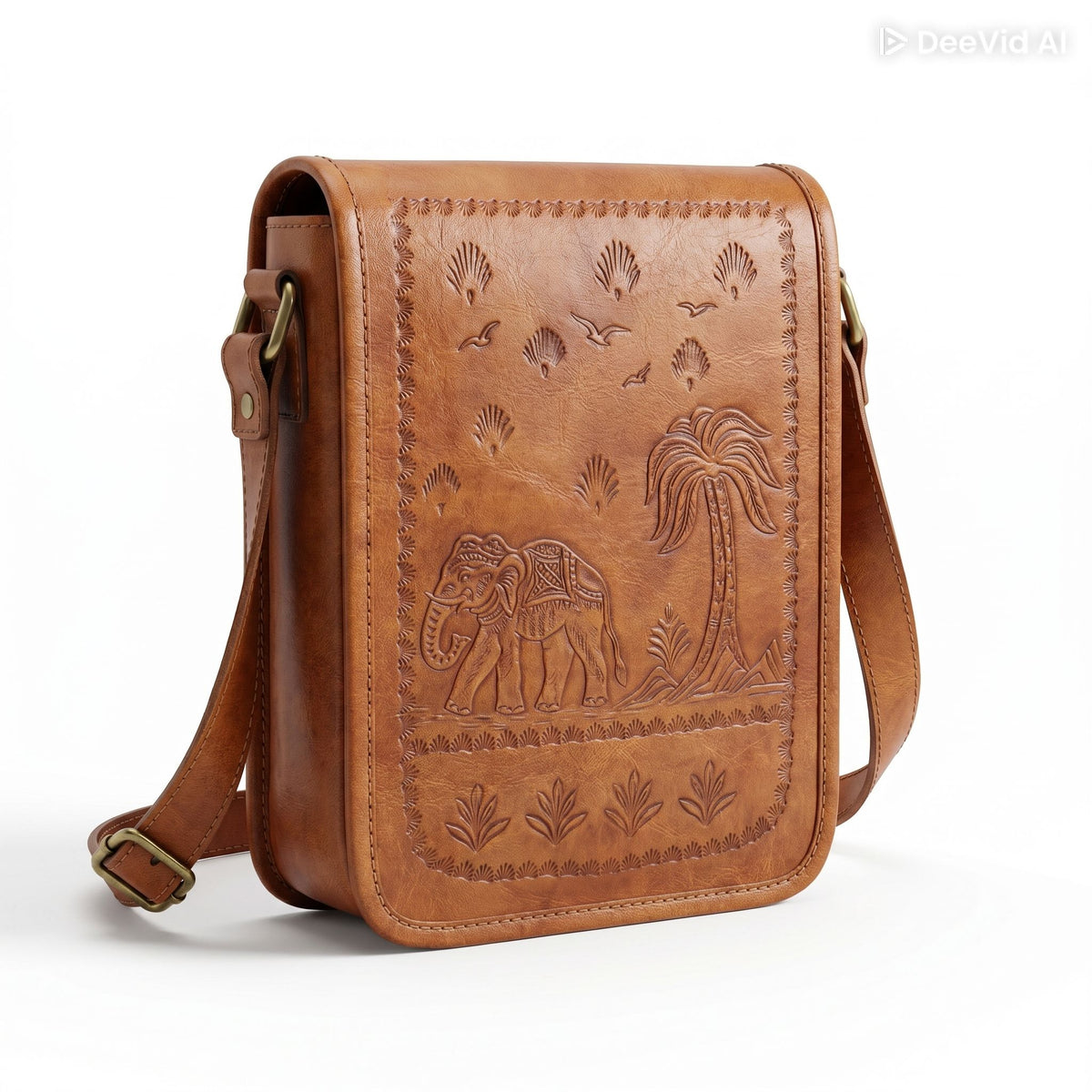Herritage Camel Leather Sling Bag Handcrafted Jaisalmer Art (7” x 9”)