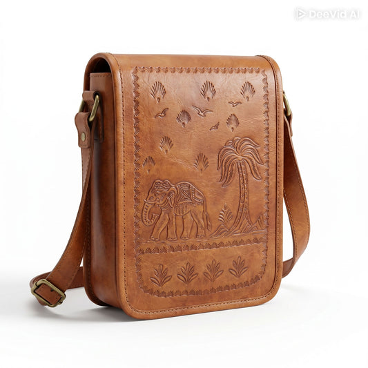 Herritage Camel Leather Sling Bag Handcrafted Jaisalmer Art (7” x 9”)