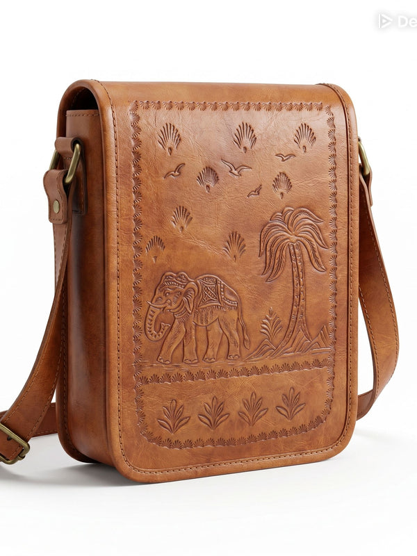 Herritage Camel Leather Sling Bag Handcrafted Jaisalmer Art (7” x 9”)