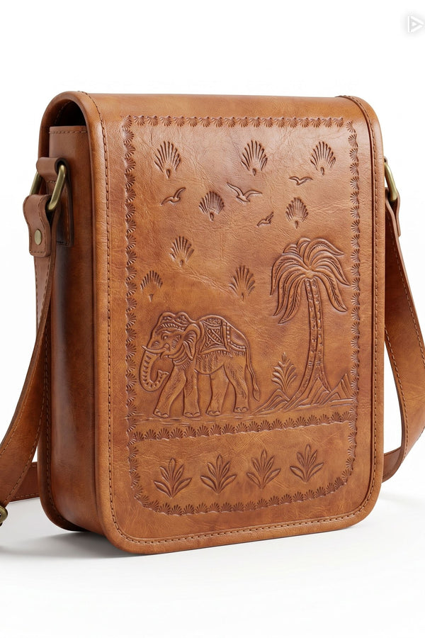 Herritage Camel Leather Sling Bag Handcrafted Jaisalmer Art (7” x 9”)